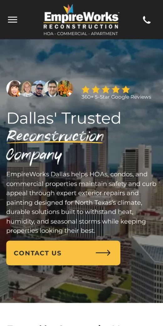 EmpireWorks Reconstruction Dallas location page on a phone