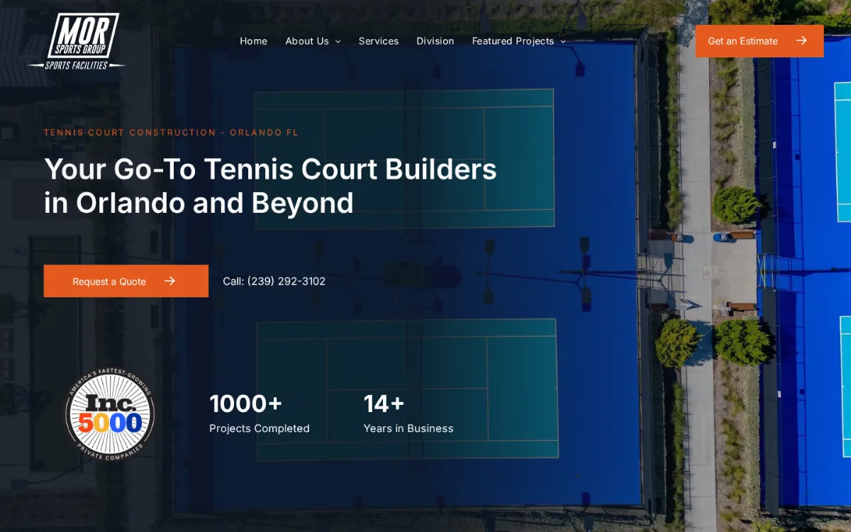 Mor-Sports Group Orlando tennis court construction page on desktop