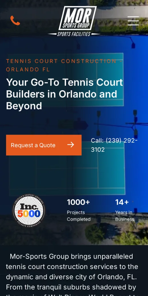 Mor-Sports Group Orlando tennis court construction page on a phone