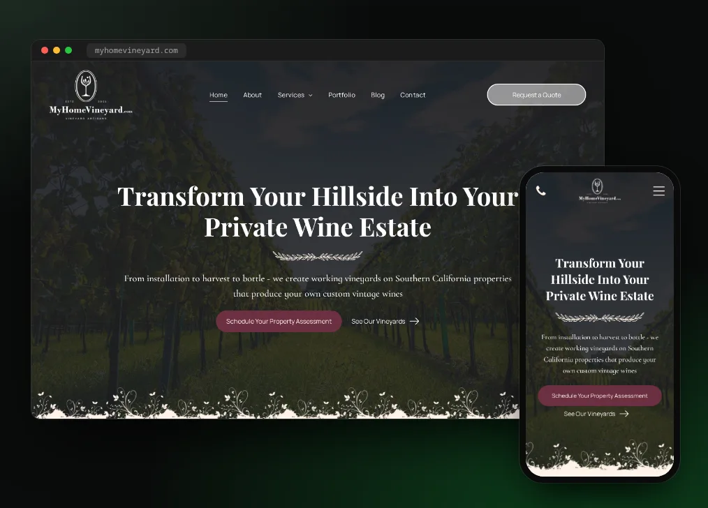 MyHomeVineyard.com website on desktop